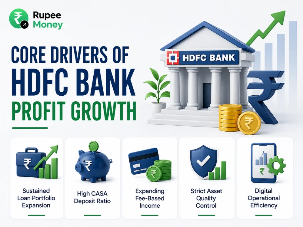 Core Drivers of HDFC Bank Profit Growth infographic featuring a bank building, rupee symbol, growth chart, and financial icons representing loan growth, CASA deposits, fee income, asset quality, and digital banking efficiency.