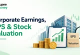 Illustration showing corporate earnings, earnings per share (EPS), and stock valuation with financial reports, rising market charts, company buildings, coins, and analysis tools to explain business performance and investment value.