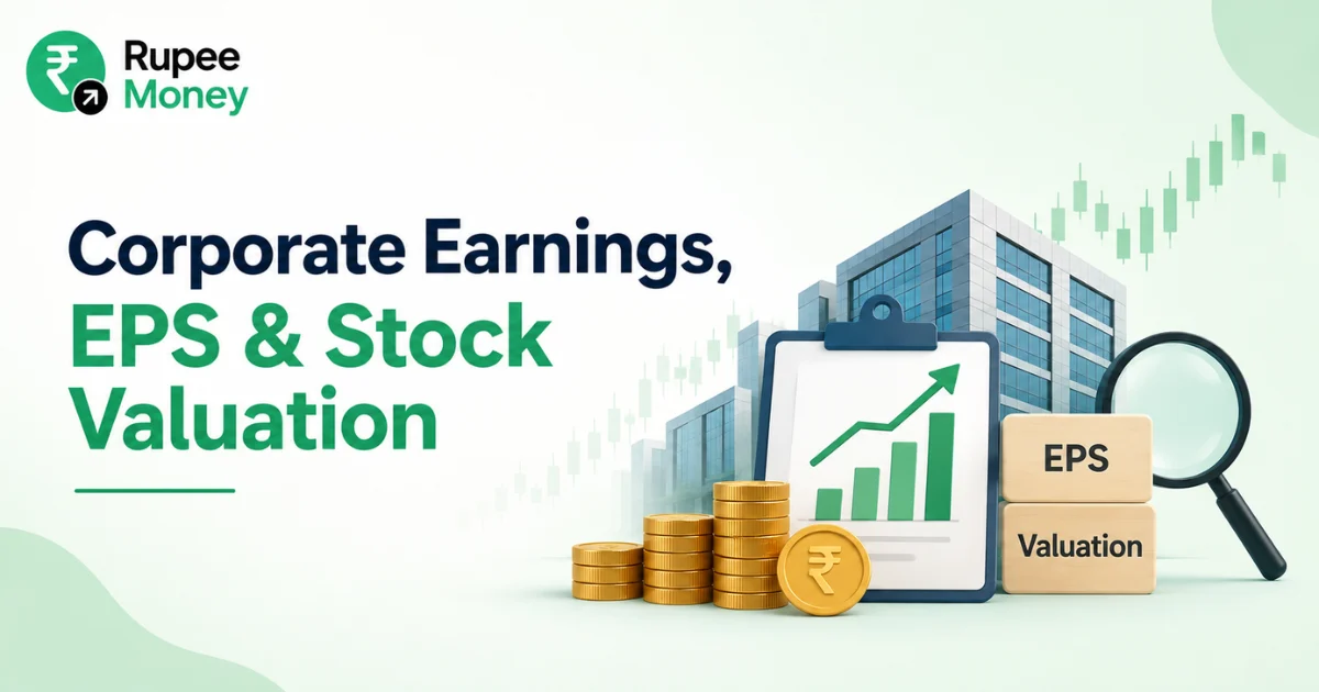 Illustration showing corporate earnings, earnings per share (EPS), and stock valuation with financial reports, rising market charts, company buildings, coins, and analysis tools to explain business performance and investment value.