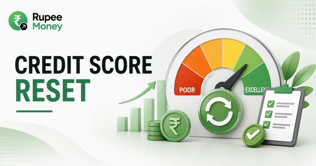 Credit Score Reset banner showing a credit score gauge, upward growth chart, rupee coins, financial checklist, and credit improvement indicators.