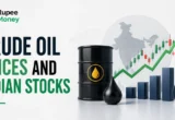 Crude Oil Prices and Indian Stocks banner featuring an oil barrel, crude oil drop, India map, rupee symbol, stock market charts, and growth bars illustrating the impact of oil price movements on the Indian stock market.