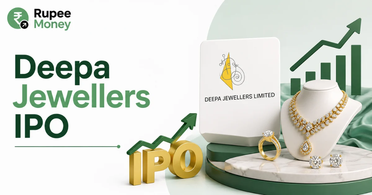 Deepa Jewellers IPO banner featuring the Deepa Jewellers Limited logo, gold and diamond jewellery, IPO symbol, rising financial chart, and Rupee Money branding.
