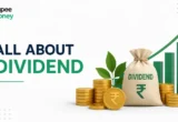 Illustration explaining dividends with stacked coins, a dividend payout bag, upward growth chart, and rupee symbols, representing shareholder income, company profits, and long-term stock investing.
