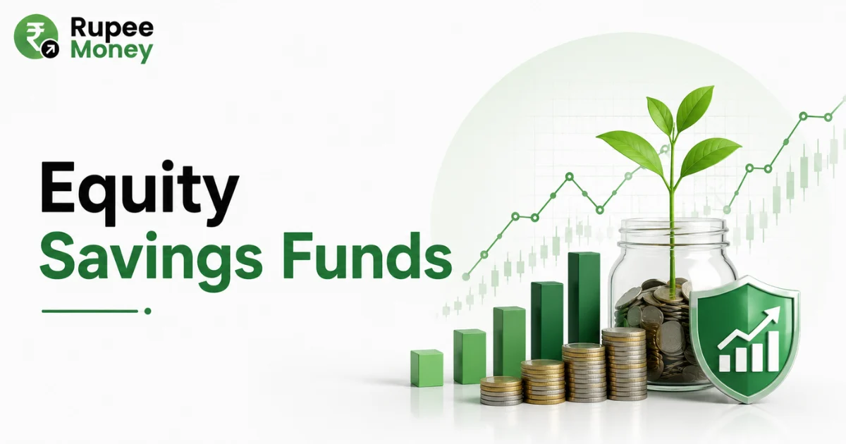 Equity Savings Funds banner featuring investment growth charts, rupee coins, a growing plant, financial savings elements, and Rupee Money branding.