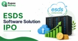 ESDS Software Solution IPO banner featuring the ESDS logo, cloud computing, data center servers, rising financial chart, IPO symbol, rupee coins, and Rupee Money branding.