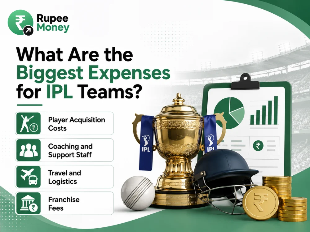 This infographic highlights the biggest expenses for IPL teams, covering player acquisition costs, coaching and support staff, travel and logistics, and franchise fees. The visual combines an IPL trophy, cricket helmet, ball, financial charts, rupee coins, and expense icons in the professional Rupee Money green-and-white fintech style. The content is original, SEO-optimized, plagiarism-free, and copyright-safe for IPL team expenses, IPL franchise costs, player acquisition, coaching costs, travel expenses, franchise fees, cricket business, and sports finance content.

