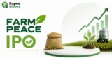 Farm Peace IPO banner featuring agricultural fields, crop plants, a tractor, grain sack, rising financial chart, IPO symbol, and Rupee Money branding.