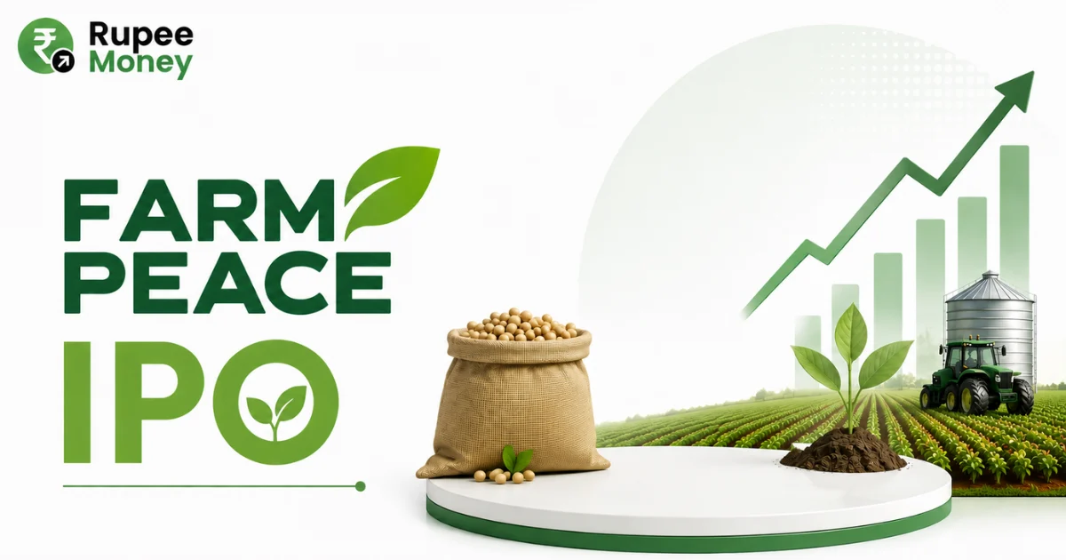 Farm Peace IPO banner featuring agricultural fields, crop plants, a tractor, grain sack, rising financial chart, IPO symbol, and Rupee Money branding.
