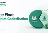 Professional illustration explaining free float market capitalisation with a shareholder distribution chart, financial graphs, rupee coins, and stock market analytics representing publicly traded shares in the Indian stock market.