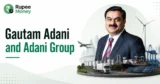 Gautam Adani and Adani Group banner featuring Gautam Adani with visual elements representing ports, renewable energy, logistics, infrastructure, aviation, and industrial businesses.