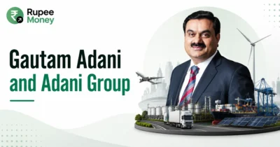 Gautam Adani and Adani Group banner featuring Gautam Adani with visual elements representing ports, renewable energy, logistics, infrastructure, aviation, and industrial businesses.