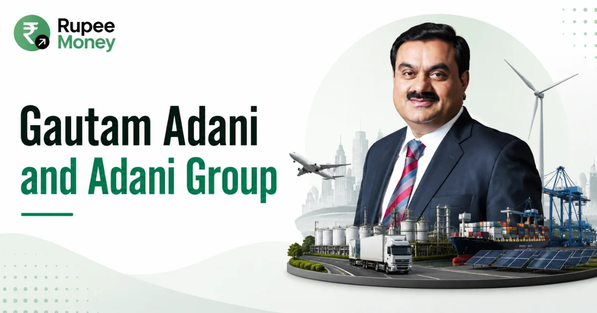 Gautam Adani and Adani Group banner featuring Gautam Adani with visual elements representing ports, renewable energy, logistics, infrastructure, aviation, and industrial businesses.