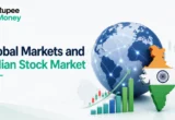 Professional illustration showing the relationship between global markets and the Indian stock market with a world globe, India map, financial charts, and growth indicators representing international market influence on Indian equities.