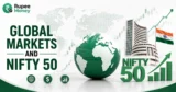 Global Markets and Nifty 50 banner featuring a world map, global market charts, Nifty 50, Indian stock market building, rising bars, Indian flag, and Rupee Money branding.