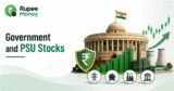 Government stocks and PSU stocks banner featuring an Indian government building, rupee symbol, rising stock chart, industrial infrastructure, and public sector investment elements.