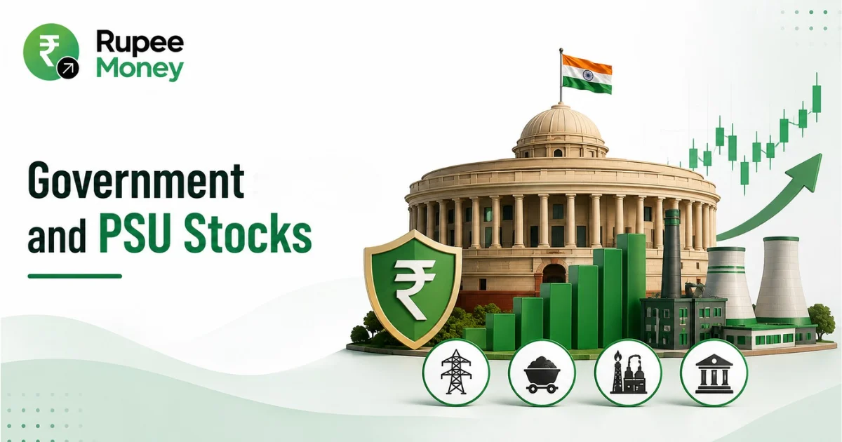 Government stocks and PSU stocks banner featuring an Indian government building, rupee symbol, rising stock chart, industrial infrastructure, and public sector investment elements.