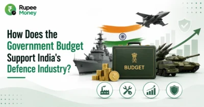 How Does the Government Budget Support India's Defence Industry infographic featuring the Union Budget, rupee coins, fighter jet, warship, tank, missile system, defence growth chart, and security shield.
