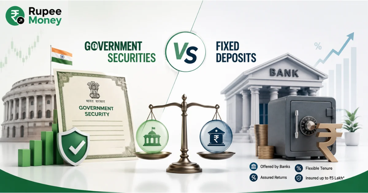 Government Securities vs Fixed Deposits infographic comparing government-backed securities and bank fixed deposits using certificates, safety icons, a balance scale, bank imagery, and Rupee Money branding.