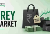 Professional infographic explaining the grey market in the Indian stock market, featuring unofficial IPO trading, rupee currency, investment graphics, and stock market charts representing pre-listing share transactions.