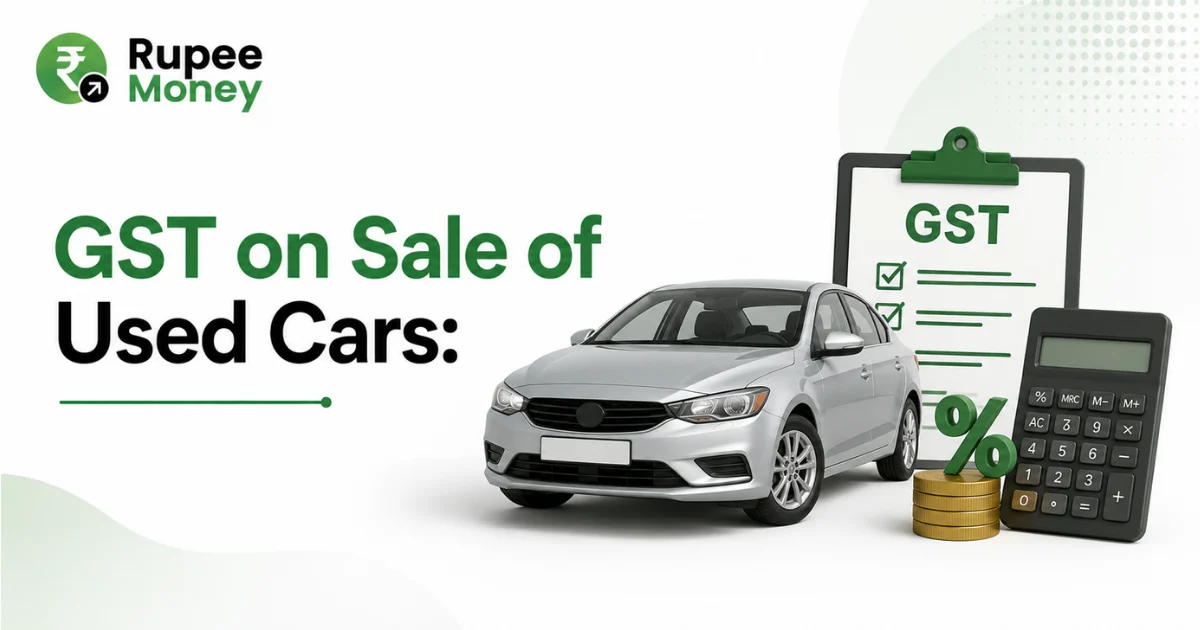 GST on Sale of Used Cars banner featuring a used car, GST checklist, calculator, rupee coins, percentage symbol, and Rupee Money branding.