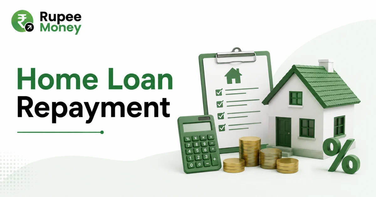 Home Loan Repayment banner featuring a house, home loan checklist, EMI calculator, interest percentage symbol, rupee coins, and Rupee Money branding.