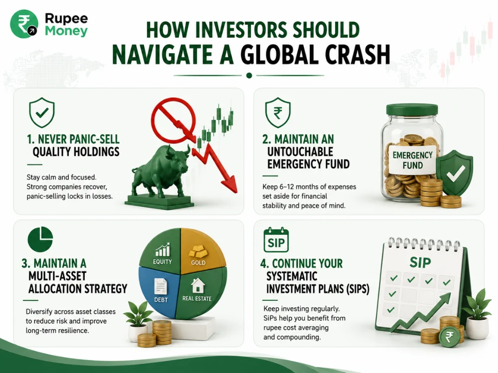 How Investors Should Navigate a Global Crash infographic showing four strategies: avoid panic selling, maintain an emergency fund, diversify assets, and continue SIP investments.