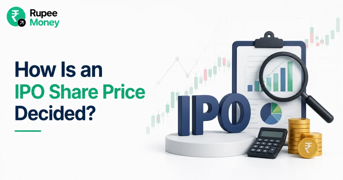 Professional illustration explaining how an IPO share price is determined using company valuation reports, financial analysis, demand from investors, price band concepts, stock market charts, and investment research graphics.