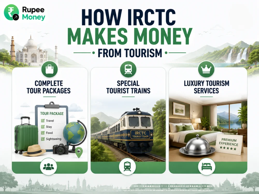 How IRCTC Makes Money From Tourism infographic featuring complete tour packages, special tourist trains, luxury tourism services, travel icons, and premium hospitality visuals.
