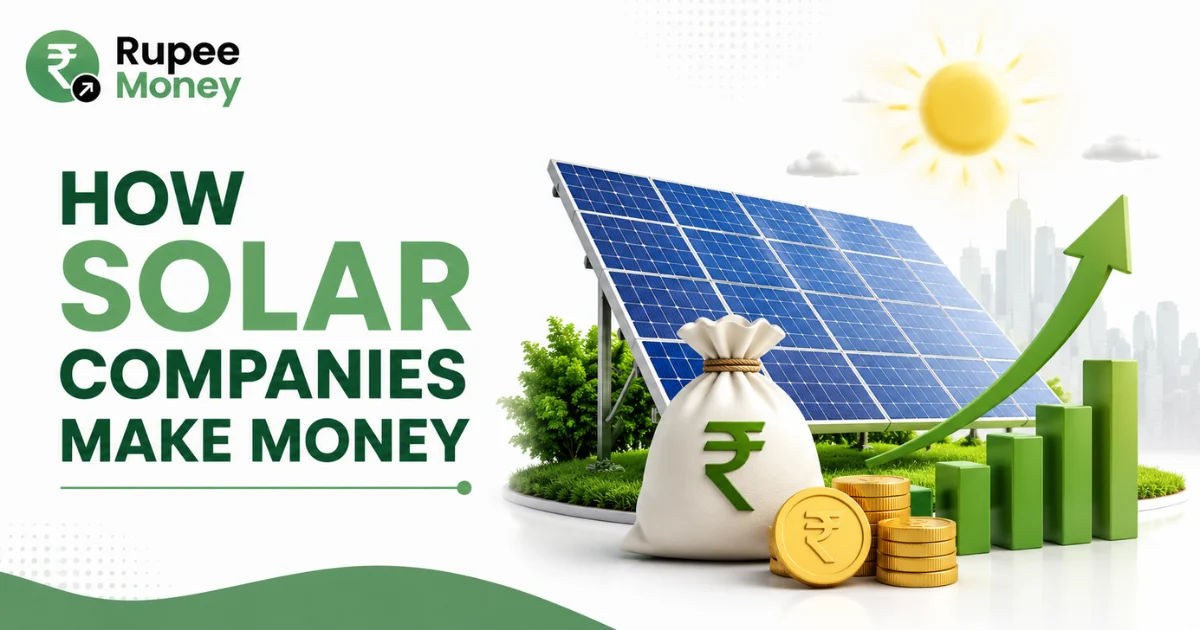 How Solar Companies Make Money banner featuring solar panels, a rupee money bag, gold coins, rising revenue charts, sunlight, and Rupee Money branding.