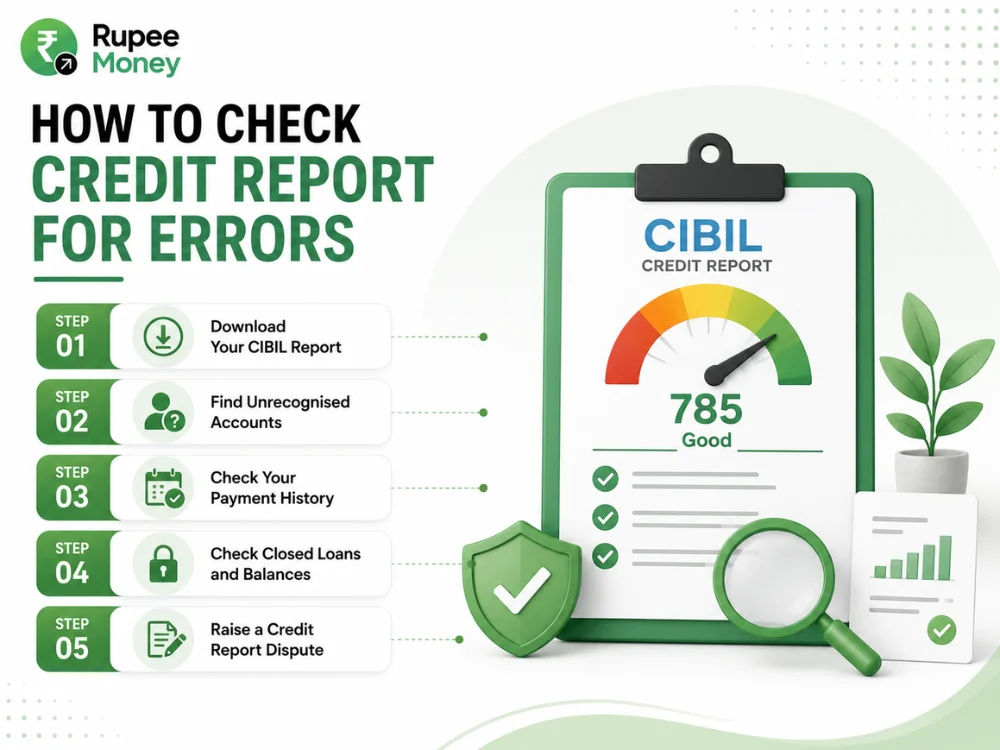 How to Check Credit Report for Errors infographic showing CIBIL report review, unrecognised accounts, payment history, closed loans, balances, and credit report dispute steps.