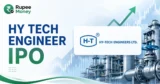 Hy Tech Engineer IPO banner featuring the Hy-Tech Engineers Ltd. logo, industrial engineering equipment, manufacturing plant, rising market chart, upward growth arrow, and Rupee Money branding.