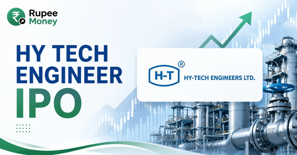 Hy Tech Engineer IPO banner featuring the Hy-Tech Engineers Ltd. logo, industrial engineering equipment, manufacturing plant, rising market chart, upward growth arrow, and Rupee Money branding.