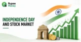 Independence Day and Stock Market banner featuring Indian tricolor elements, Ashoka Chakra, rising stock market chart, green bars, rupee coins, and India Gate-inspired imagery.