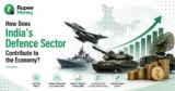 How Does India’s Defence Sector Contribute to the Economy infographic featuring defence equipment, rupee coins, rising economic charts, indigenous manufacturing, employment, exports, and national security.