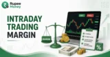Intraday Trading Margin banner featuring a stock trading laptop, margin balance scale, rupee coins, trading chart, leverage concept, and Rupee Money branding.