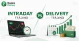 Intraday vs Delivery Trading infographic comparing same-day stock trading with long-term share holding using charts, clock, calendar, share certificate, and Rupee Money branding.