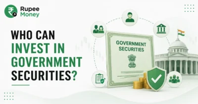 Who Can Invest in Government Securities infographic featuring government securities, Indian government building, individual investors, institutions, gold coins, security shield, and Rupee Money branding.