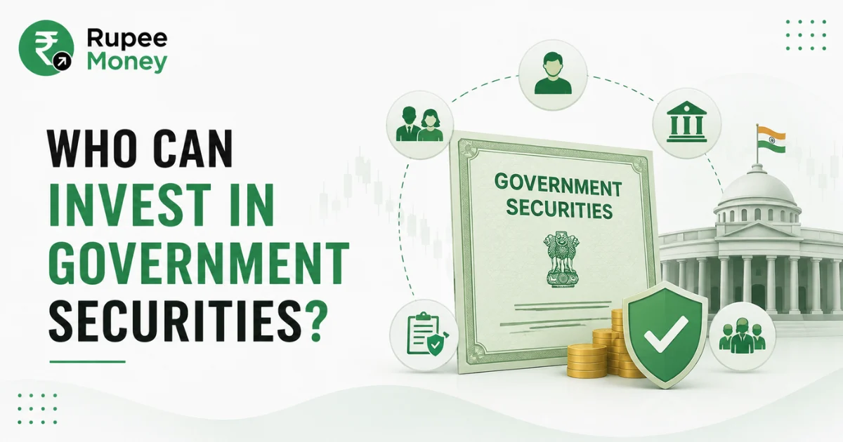 Who Can Invest in Government Securities infographic featuring government securities, Indian government building, individual investors, institutions, gold coins, security shield, and Rupee Money branding.