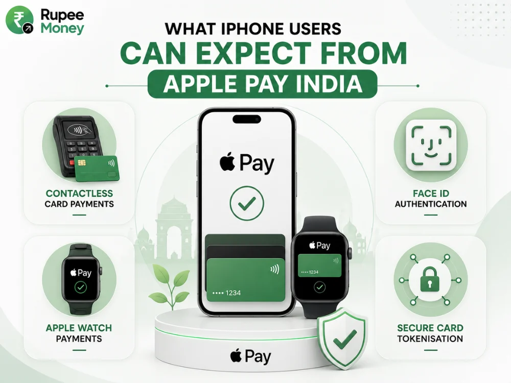 What iPhone Users Can Expect From Apple Pay India infographic showing contactless card payments, Face ID authentication, Apple Watch payments, and secure card tokenisation.