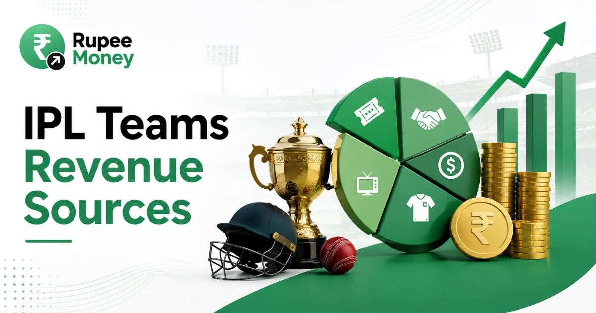 IPL Teams Revenue Sources banner featuring cricket stadium elements, IPL trophy, cricket helmet, revenue pie chart, sponsorship handshake, media rights, merchandise, ticket sales, rupee coins, and Rupee Money branding.