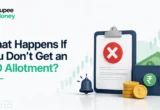 Professional illustration explaining what happens if an IPO allotment is not received, featuring an IPO application status, refund process, investor wallet, rupee coins, and financial notification icons related to the Indian stock market.