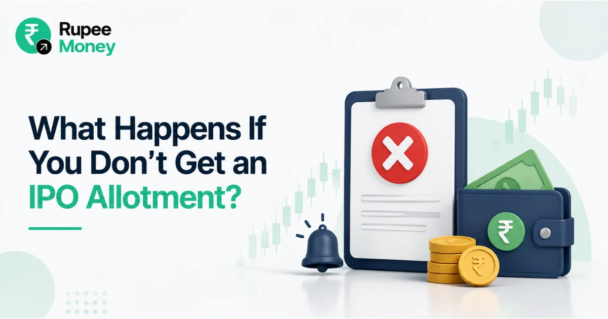 Professional illustration explaining what happens if an IPO allotment is not received, featuring an IPO application status, refund process, investor wallet, rupee coins, and financial notification icons related to the Indian stock market.