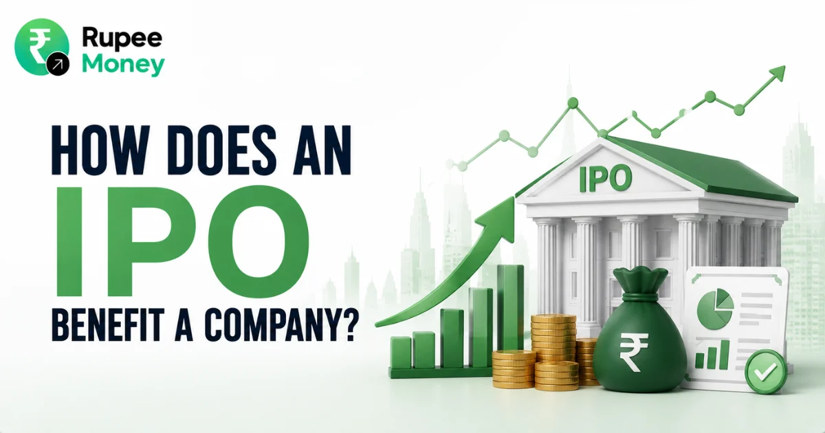 How Does an IPO Benefit a Company banner featuring an IPO building, rising financial chart, rupee symbol, investment funds, and business growth indicators.
