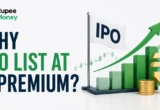 Why IPOs List at a Premium banner featuring 3D IPO lettering, rising stock charts, upward arrow, candlesticks, and investment coins representing premium IPO listing.
