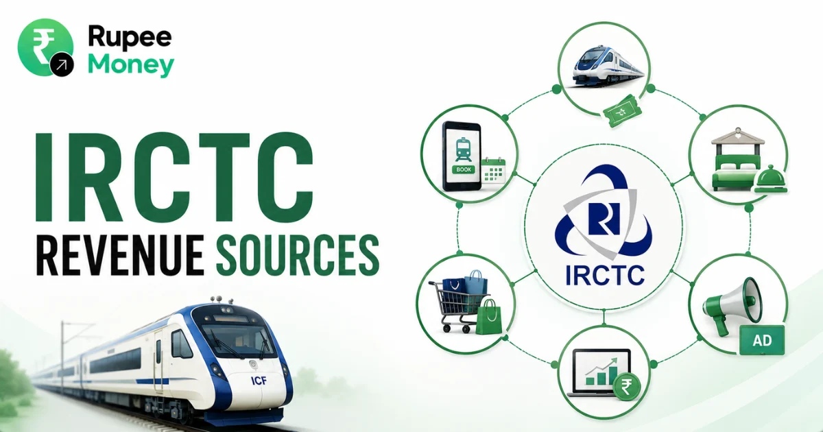IRCTC Revenue Sources banner featuring railway ticketing, train services, hospitality, retail, advertising, and financial service illustrations around the IRCTC business model.