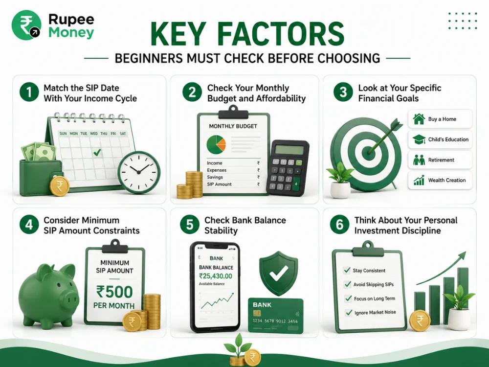 Key factors beginners should check before choosing an SIP, including income cycle, monthly budget, financial goals, minimum SIP amount, bank balance stability, and investment discipline.