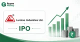 Lumino Industries IPO banner featuring the Lumino Industries Ltd. logo, IPO investment graphics, rising market chart, financial data screen, rupee symbol, and Rupee Money branding.