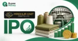 Madhur Knit Crafts IPO banner featuring the Madhur Knit Crafts Ltd. logo, textile manufacturing equipment, yarn, knitted fabrics, IPO symbol, rupee coins, and financial growth chart.