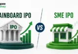 Mainboard IPO vs SME IPO banner showing a large institutional-style IPO structure and a smaller business storefront with rising stock charts, green growth arrows, and a central comparison symbol.