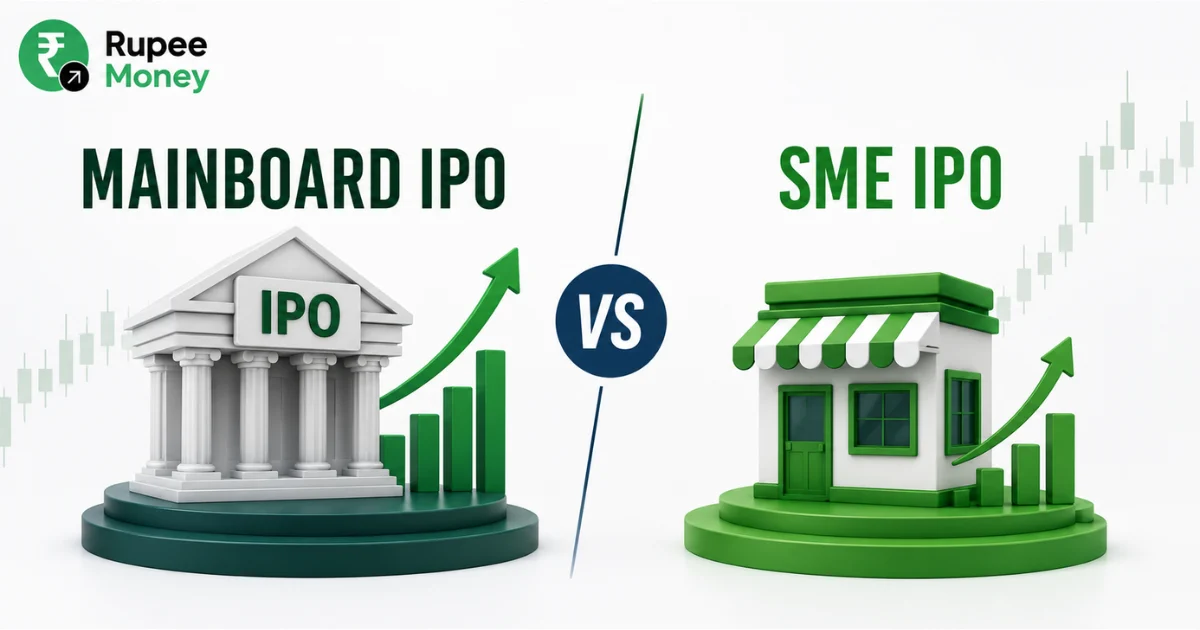 Mainboard IPO vs SME IPO banner showing a large institutional-style IPO structure and a smaller business storefront with rising stock charts, green growth arrows, and a central comparison symbol.